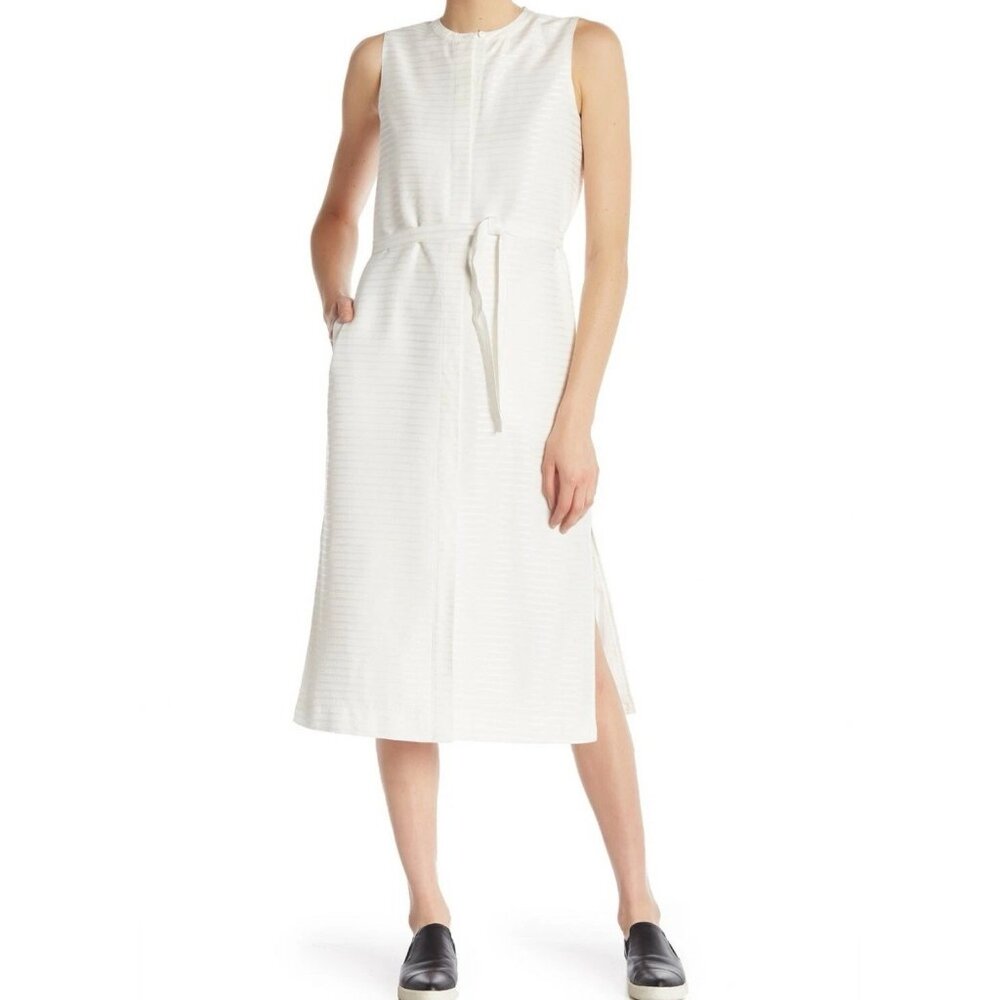 THEORY Stripe Midi Shirt Dress Size 4 Tie Waist Sleeveless Lined Off-White